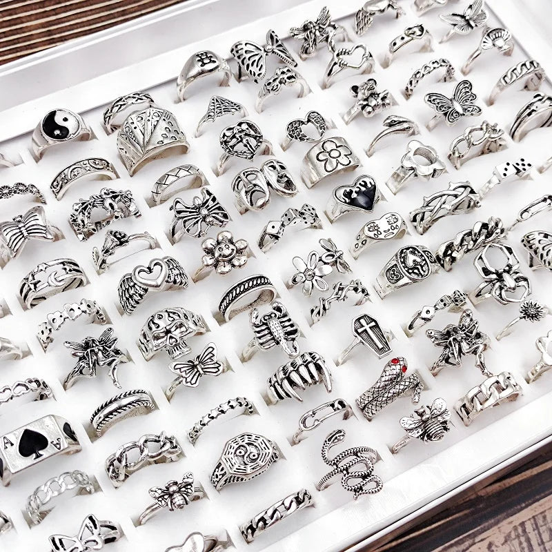 50/100Pcs/Lot Hip Hop Vintage Rings for Women Wholesale Punk Heart Flower Skull Butterfly Tai Chi Finger Ring Jewelry Party Gift