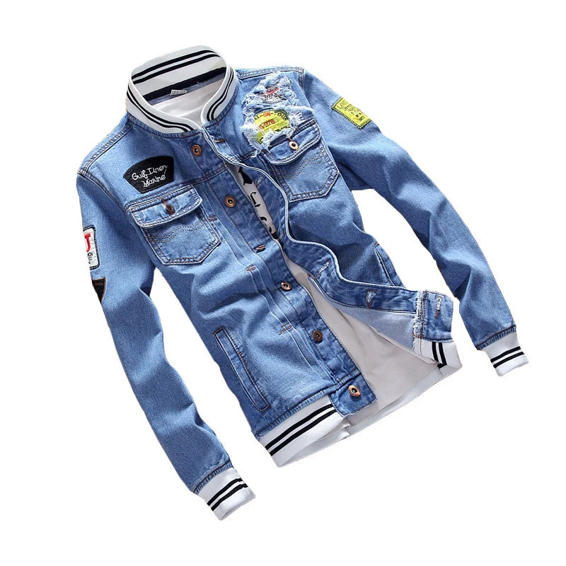 DIMUSI Men's Denim Jackets Fashion Male Trendy Ripped Denim Bomber Coats