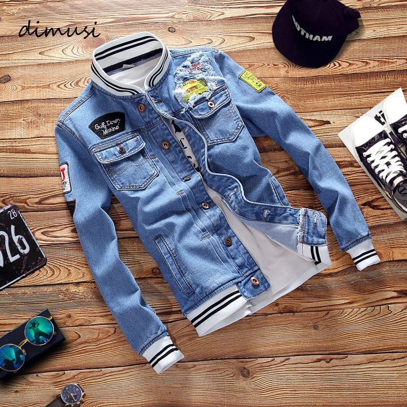 DIMUSI Men's Denim Jackets Fashion Male Trendy Ripped Denim Bomber Coats